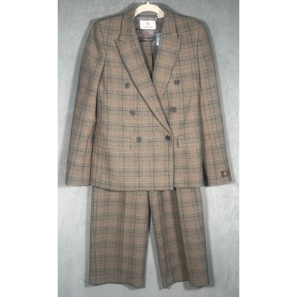 Aritzia Babaton Brown Glen Plaid Double Breasted Blazer Wide Leg Pant Suit XS 0